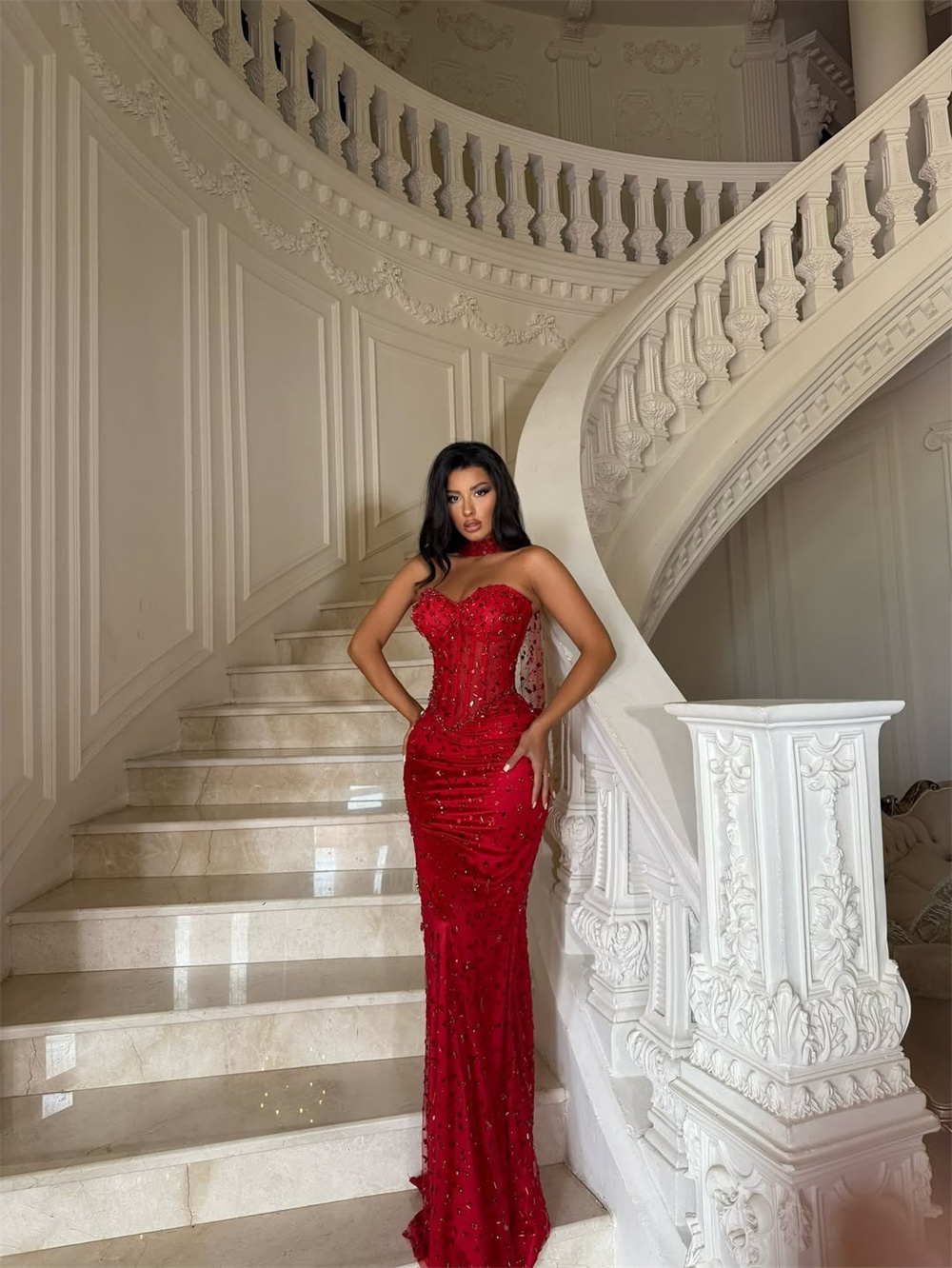 Amanda Aangepaste Rode Zeemeermin Strass Galajurk Halter Hals Vloerlengte vestidos de noche Luxe Mouwloze Formele Avond