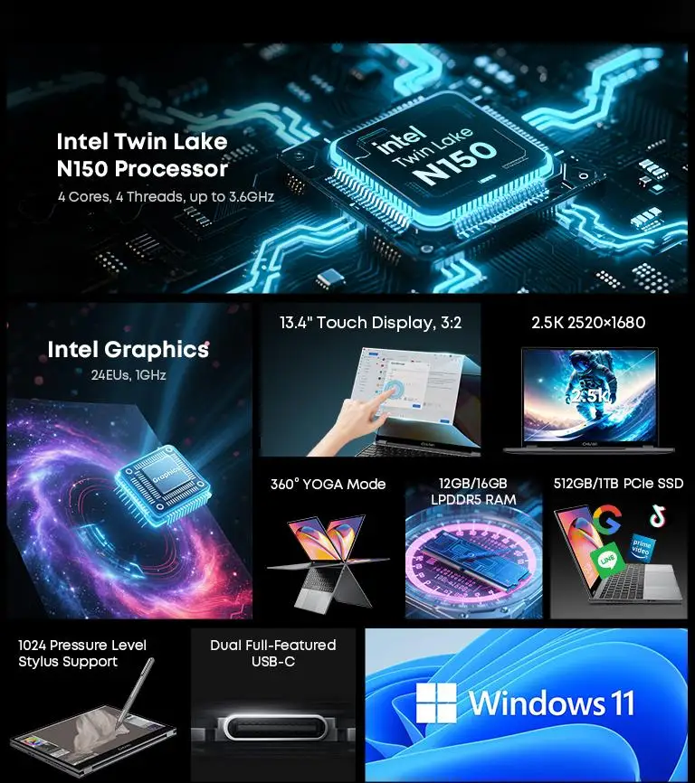 CHUWI 프리북 태블릿 노트북 2-in-1 인텔 N150 13.5인치 FHD 터치스크린 16GB LPDDR5 RAM 512GB SSD WIFI 6 BT5.2 윈도우 11