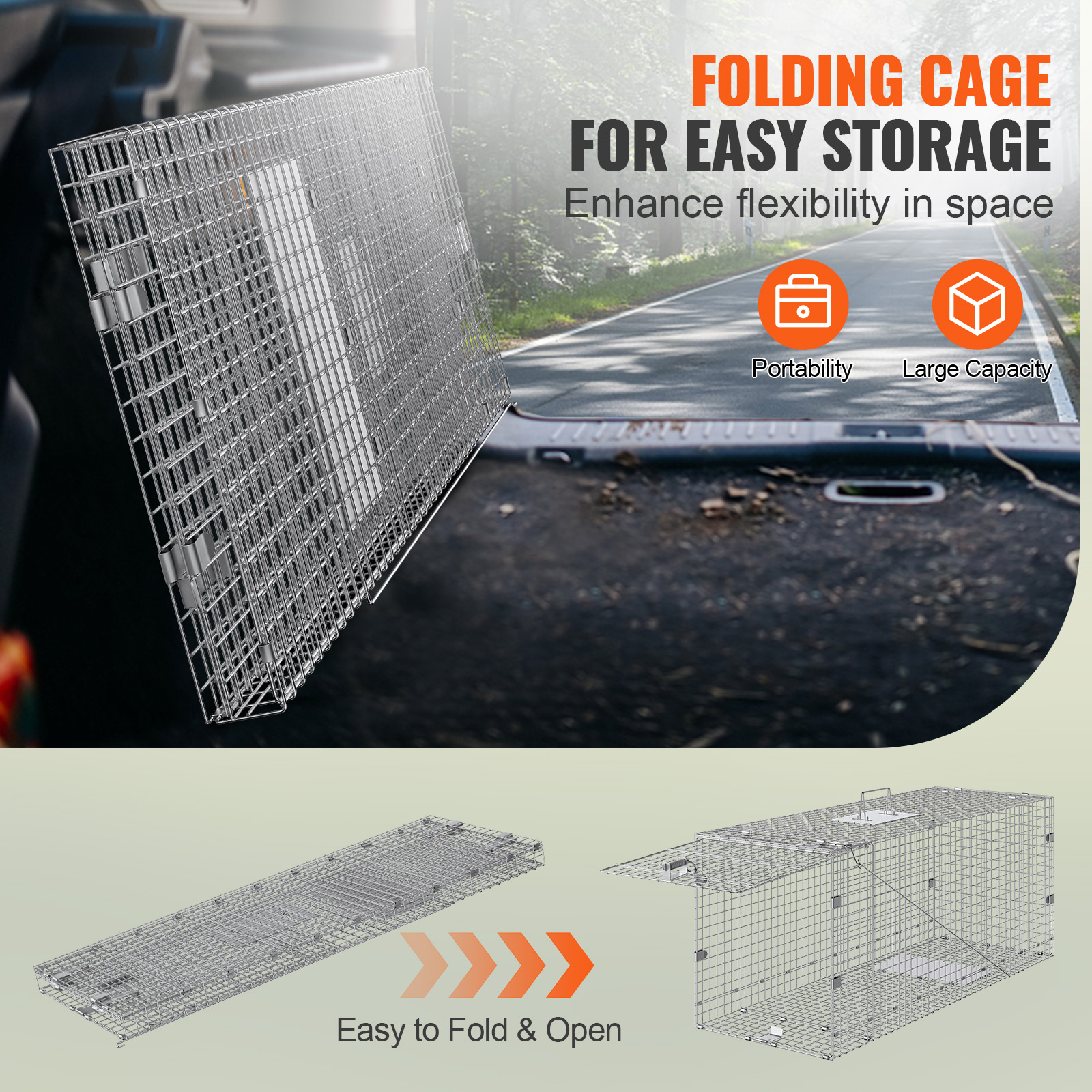 VEVOR-Live Animal Cage Trap, Folding Humane Cat Trap, Ferro galvanizado com alça para coelhos esquilos e marmota, 24 polegadas, 31 polegadas, 42 polegadas, 50in