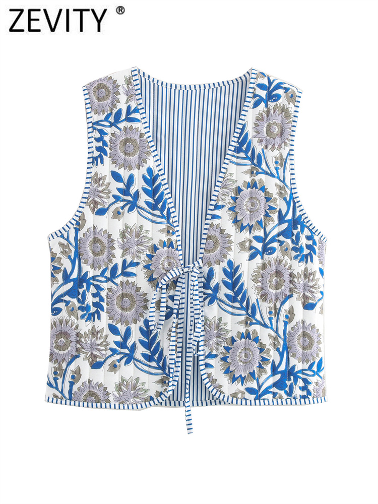 Zevity Vrouwen Vintage V-Hals Patchwork Gewatteerd Katoenen Vest Jack Dames Retro Vetersluiting Slank Vest Tops Ct6467