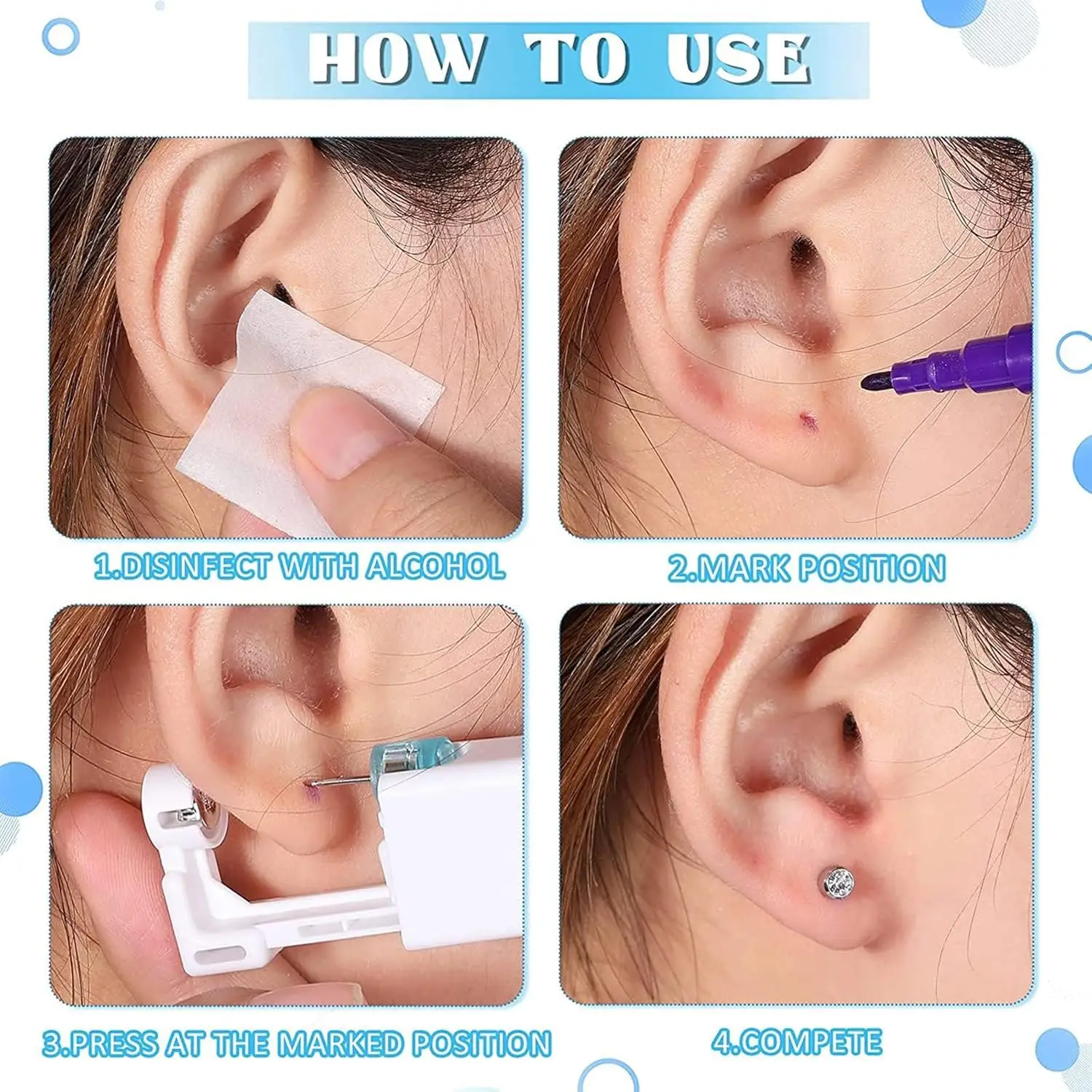 Kit per piercing all'orecchio da 6 pezzi, pistola per piercing all'orecchio usa e getta con orecchini a bottone integrati in acciaio inossidabile ﻿