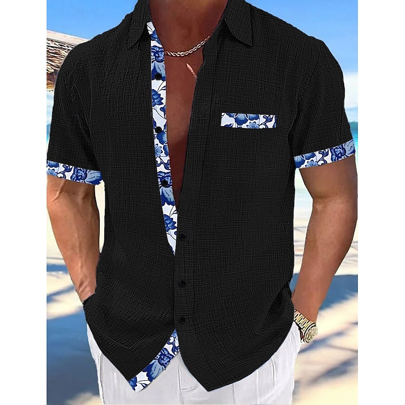 Herenoverhemd Linnen overhemd Zomershirt Strandkleding Overhemd met knopen Effen kleur Vakantie Zwart Wit Roze Marine Korte mouw Revers XS-5XL