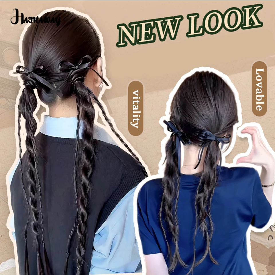 Bow Twist Ponytail Wig Braid Synthetic College Wind Ribbon Twist Braid Natural Fluffy Double Ponytail Wig Daily Wear Ponytaily