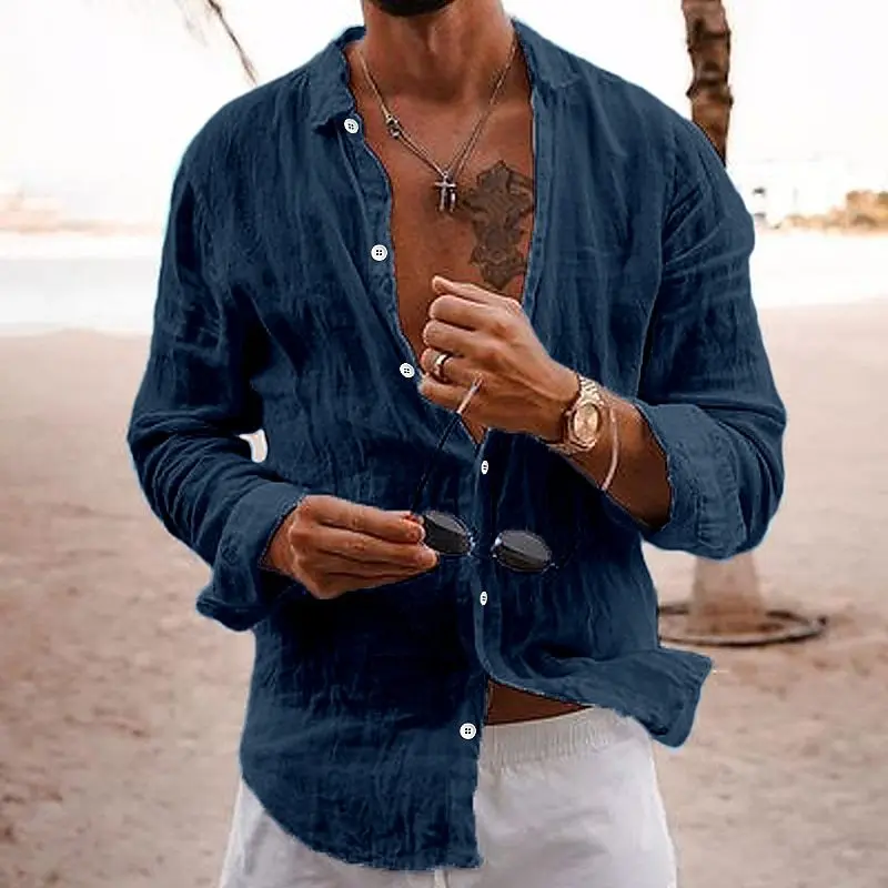 Nueva camisa de primavera y otoño para hombre, cárdigan informal cómodo de algodón con solapa, Tops de manga larga con un solo pecho a rayas