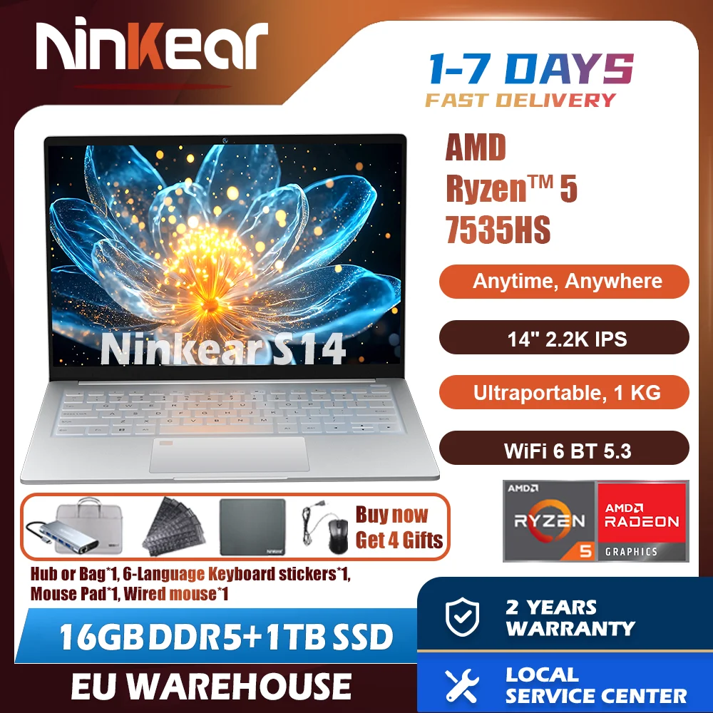 Ninkear S14 Ultra-draagbare laptop met 1 kg gewicht AMD Ryzen 5 7535HS 14 inch 2,2K Windows 11 16 GB LPDDR5 1 TB SSD Computer Type-C