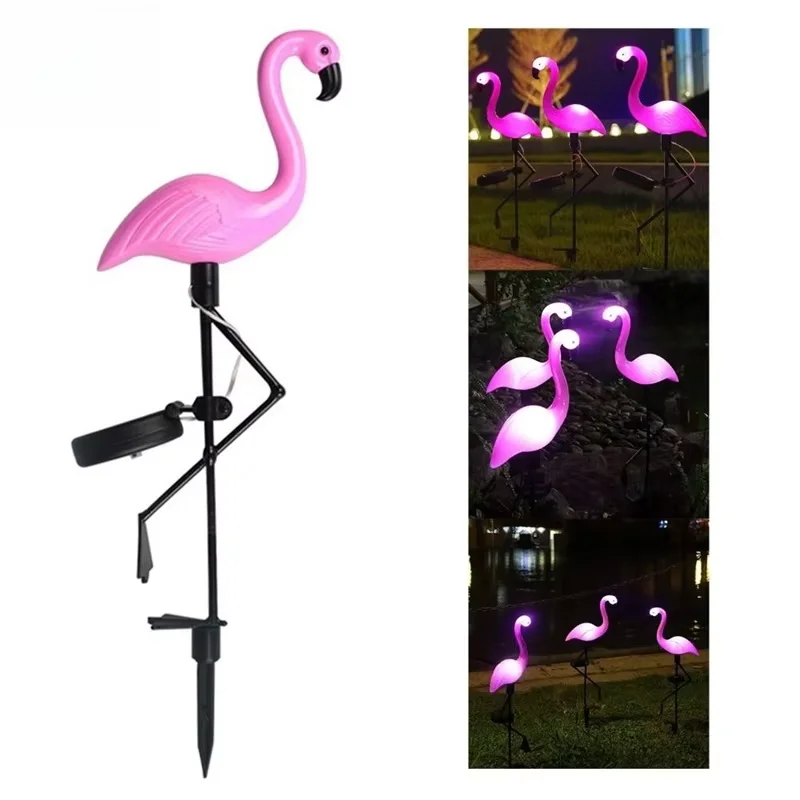 1PCS 플라밍고 태양 빛 IP65 방수 LED 스테이크 빛 풍경 지상 램프 야외 통로 크리스마스 정원 장식