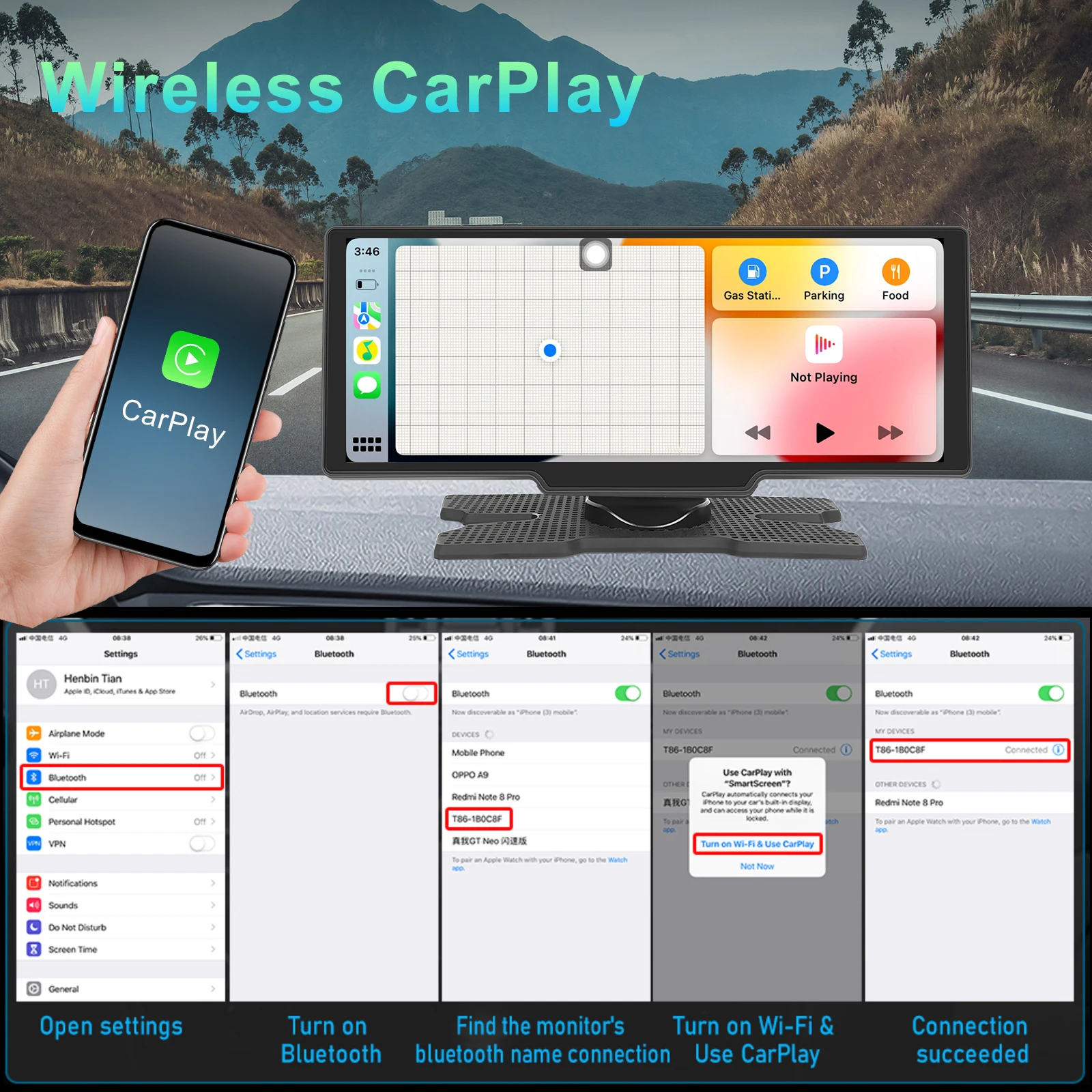 Podofo 10,26 "cámara de salpicadero 4K cámara de visión trasera inalámbrica Carplay Android Auto GPS con Control de voz tablero DVR Monitor de coche
