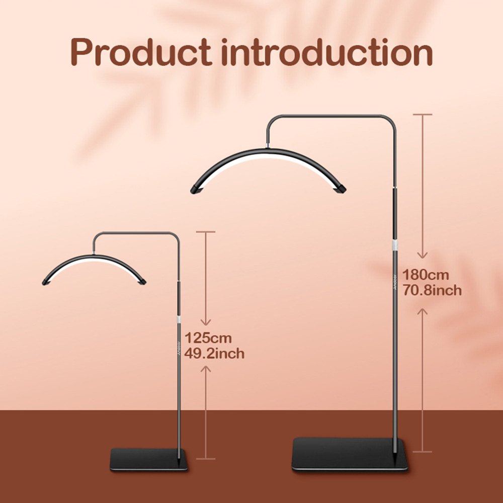 Andoer HD-M6X 36W sol LED lumière vidéo demi-lune en forme de lumière de remplissage 3200K-5600K réglable avec 180 cm/ 70,9 pouces support de lumière en métal