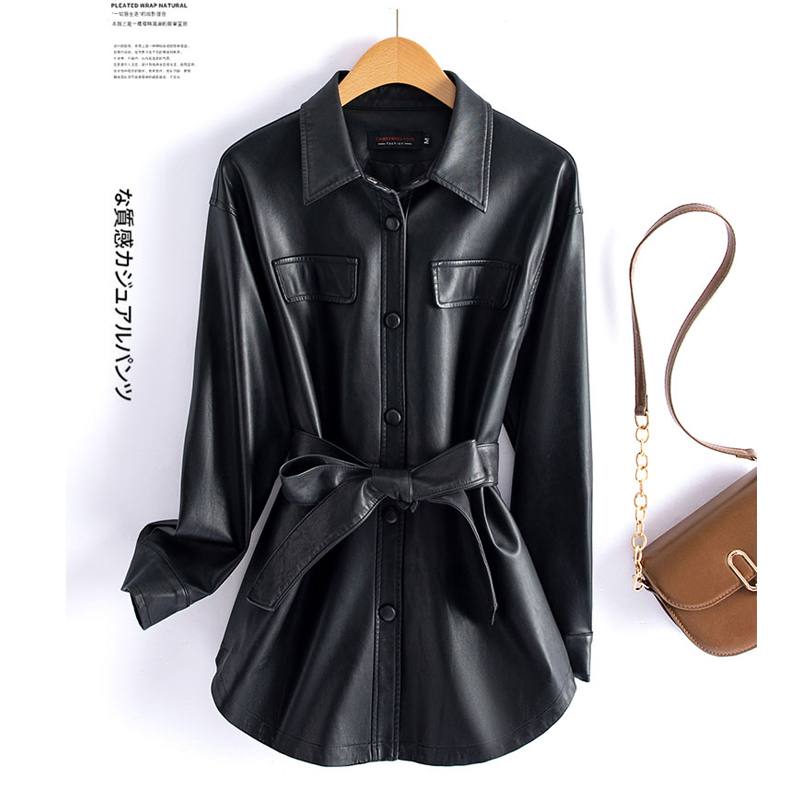Sheepskin Leather Jacket Women Fashion Irregular Turn-down Collar Lace-up Belt Chic Office Ladies Real Split Leather Jacket Coat