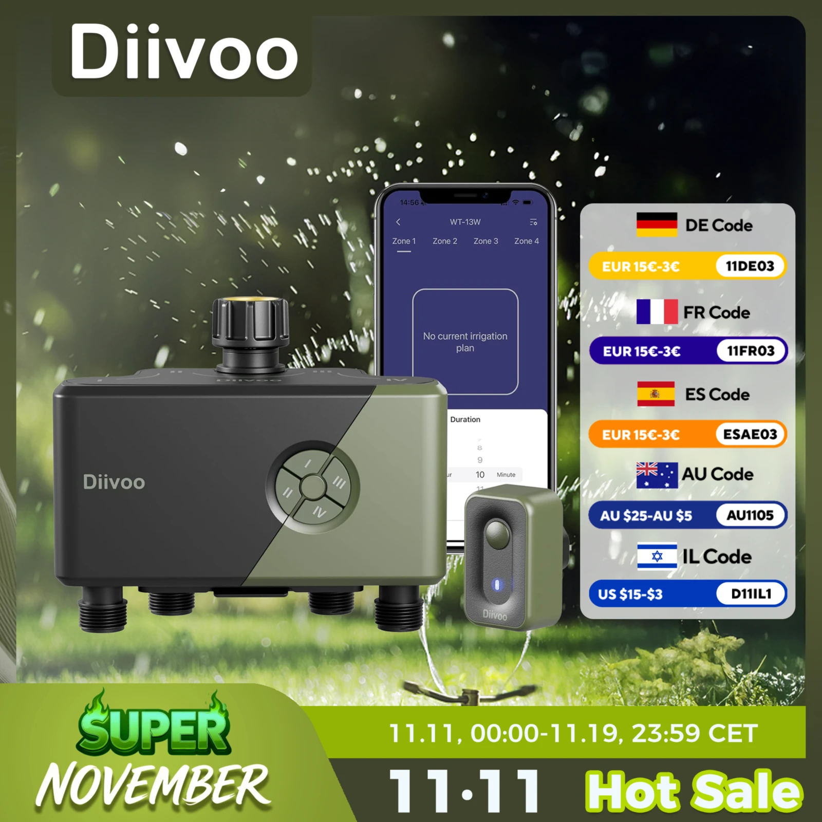 Diivoo Garden Wi-Fi Таймер воды 3/4 зон Автоматический таймер полива Контроллер систем полива с задержкой дождя Ручной полив