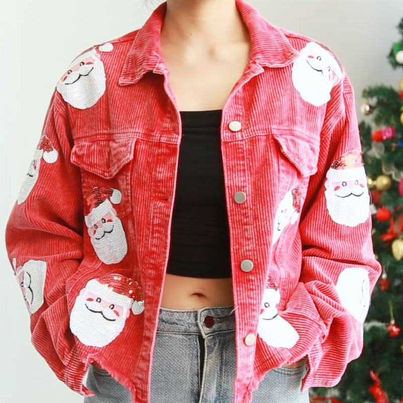 Sequined Santa Claus Vintage Jackets Single Breasted Christmas Corduroy Jackets Coats Retro Coats Chaqueta Navidad Mujer
