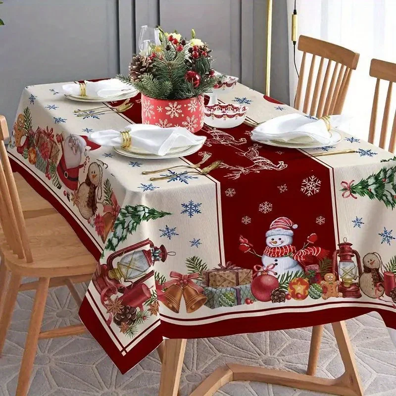 Mantel rectangular impermeable con temática navideña, decoración de Fiesta de Navidad, decoración de mesa de comedor reutilizable, decoraciones navideñas