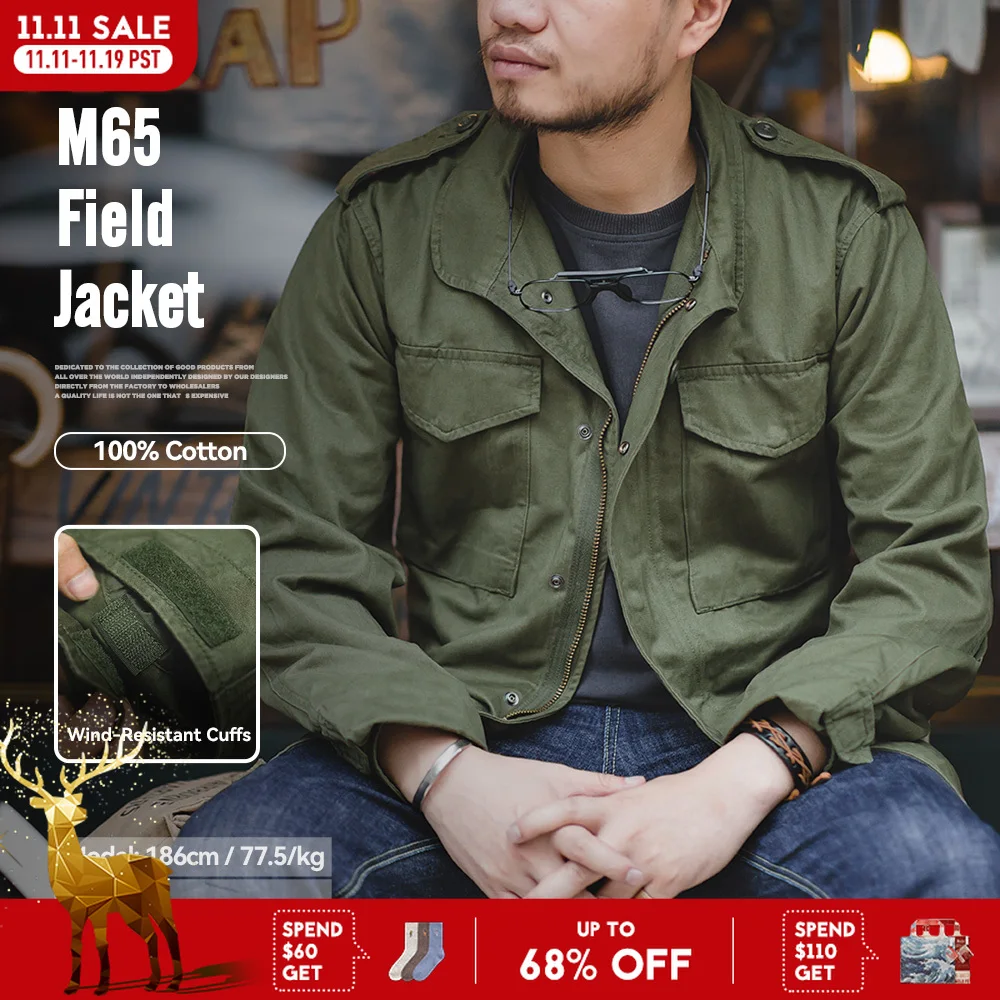 Maden militar m65 jaquetas de campo para homens verde vintage jaqueta do exército casual blusão sólido lapela gola com bolsos casaco