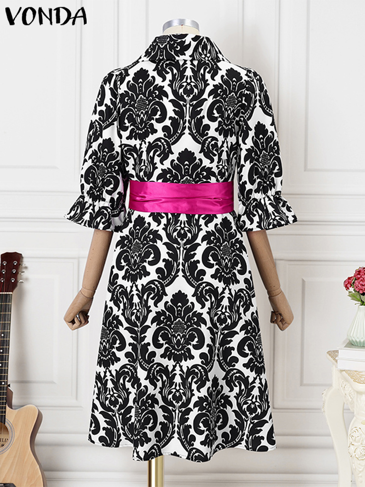 Vonda-女性の膝丈プリントドレス,エレガントなサンドレス,スタンドカラー,リボンベルト,カジュアルドレス,ボヘミアン,ラージサイズ,5xl,2025