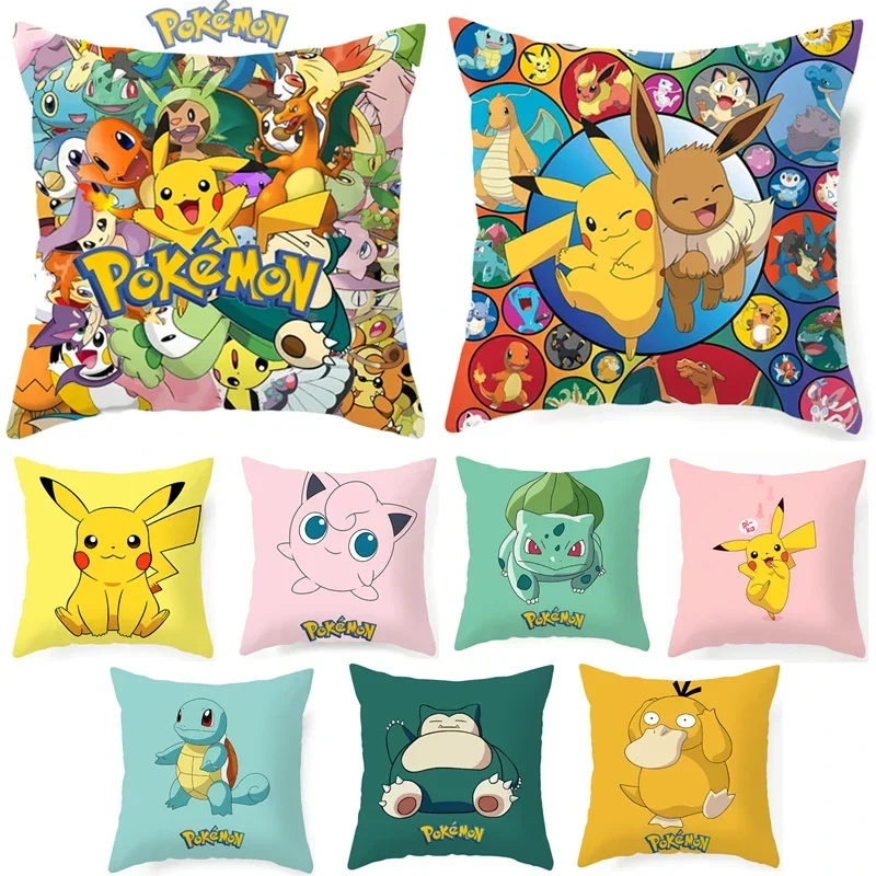Funda de cojín de Pokémon Anime, 45x45cm, decoración de Pikachu, funda de almohada para sofá, figura de Anime Charmander Psyduck, funda de almohada de dibujos animados