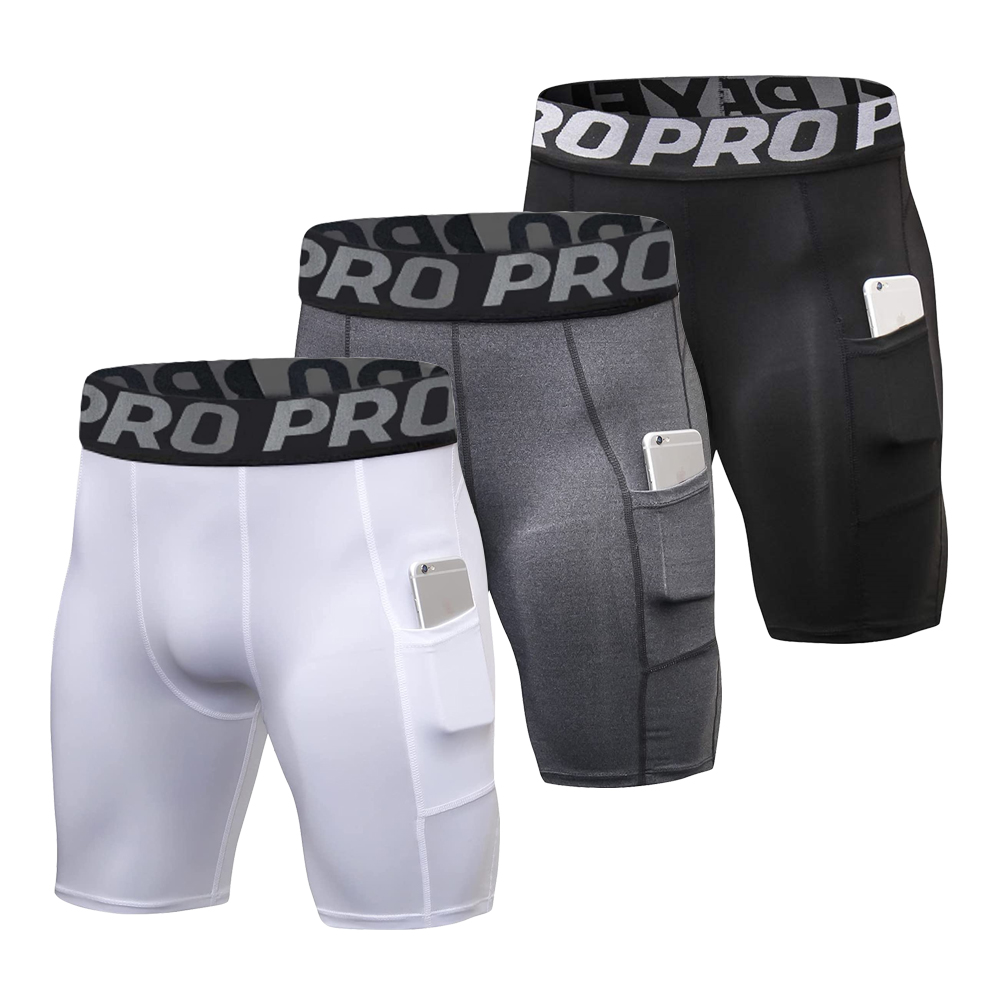 Pantalones cortos de gimnasio para hombre con bolsillos, mallas de compresión de entrenamiento para hombre, calzoncillos tipo bóxer de poliéster, mallas atléticas para correr y baloncesto