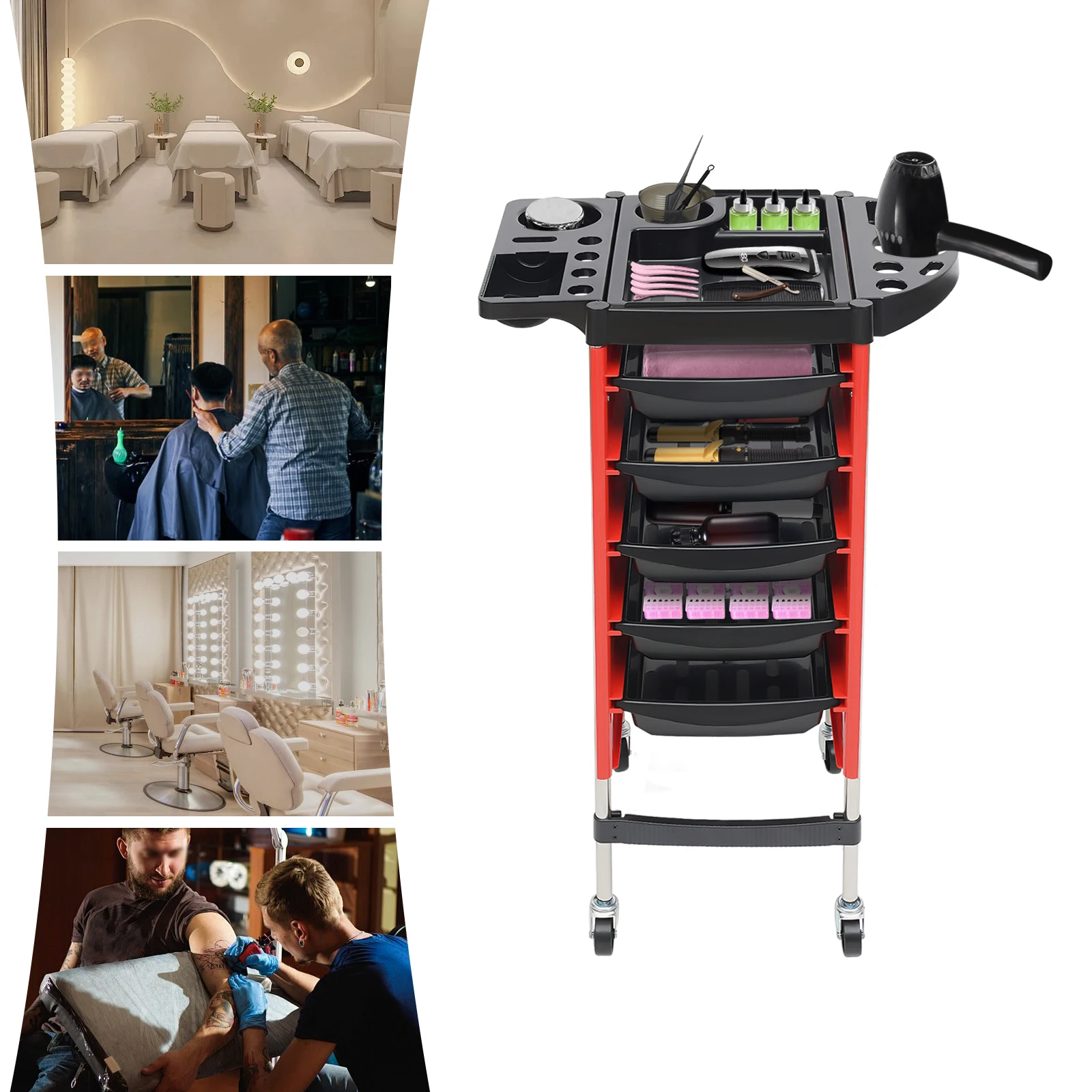 6-stufiger Salonwagen mit Trocknerhalter, Mehrzweck-Schönheitswagen mit 5 Schubladen, platzsparende Salonmöbel