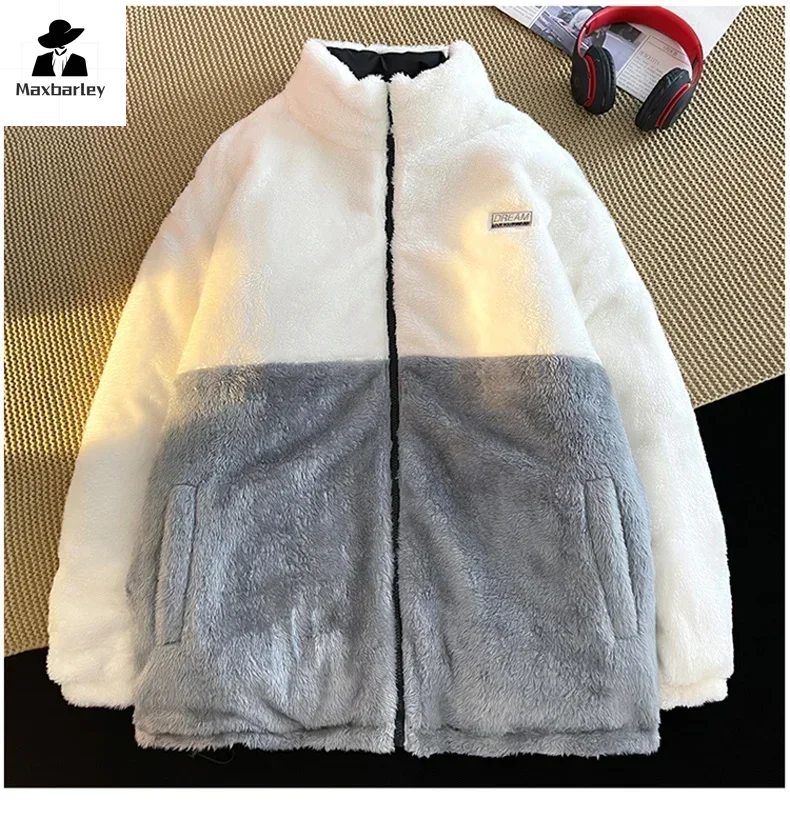 Jaqueta térmica acolchoada masculina e feminina, monocromática, frente e verso, casual, casacos grossos de lã, parka de rua, design vestível, inverno