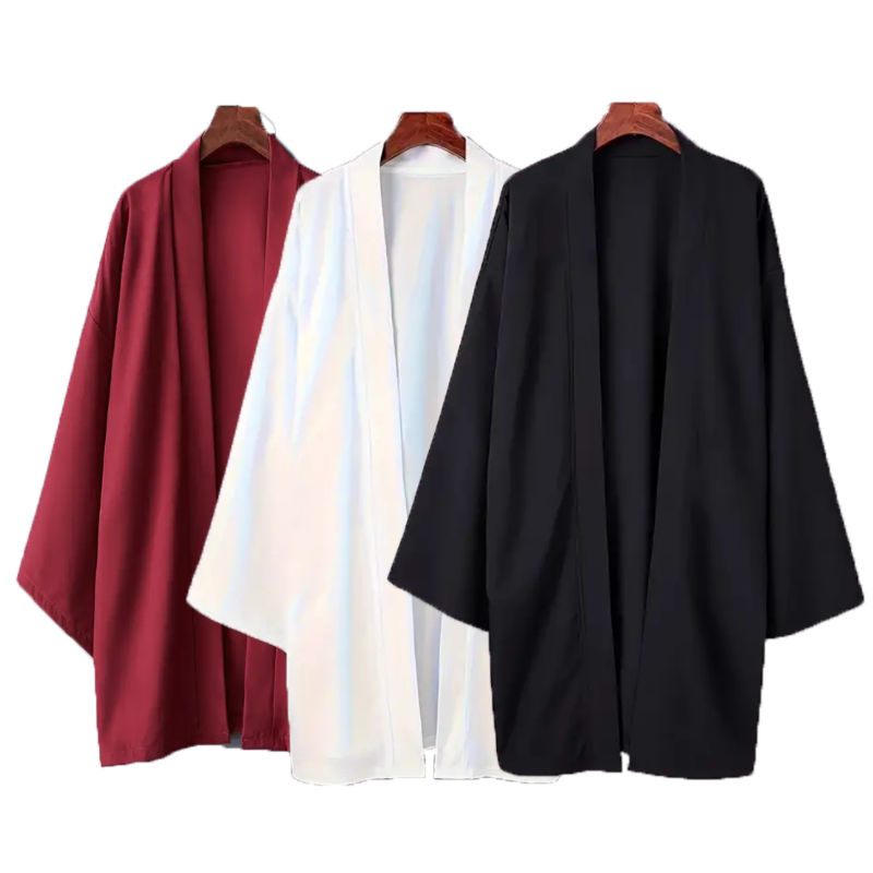 Herren-Cardigan, einfarbig, langärmelig, langes Kimono-Hemd, asiatische traditionelle Kleidung, Yukata, Haori-Jacke, Mantel, 6-farbiger japanischer Kimono