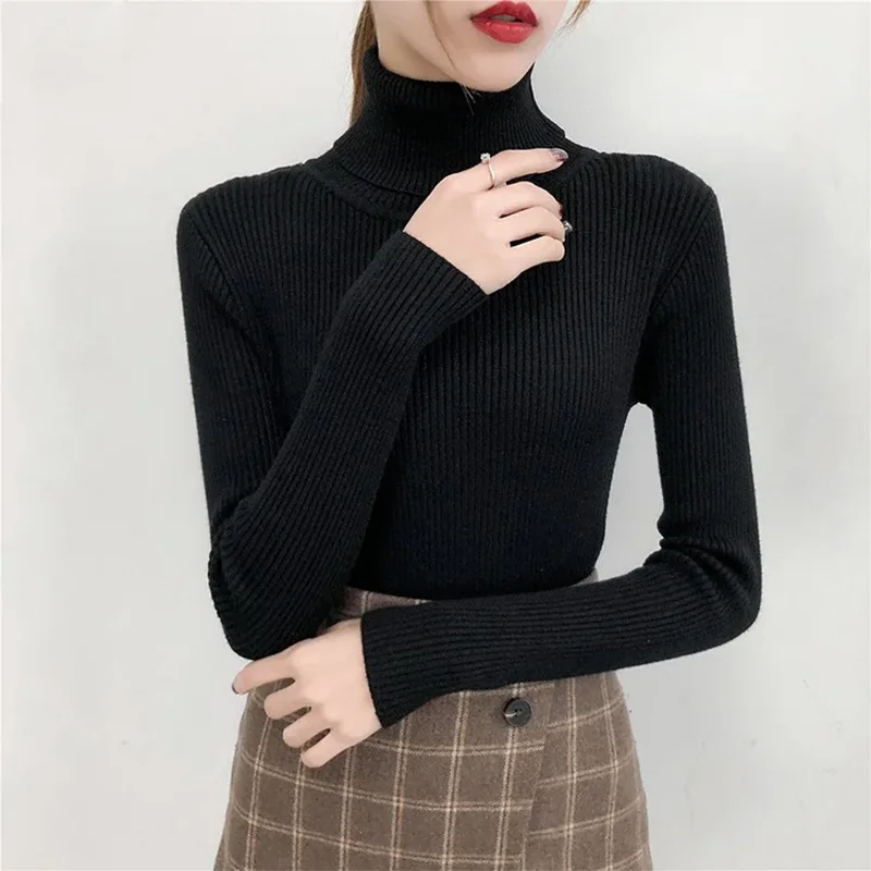 Camisola feminina pulôver inverno malha gola alta manga longa magro jumper topos 2024 senhoras camisas casuais macio quente roupas y2k