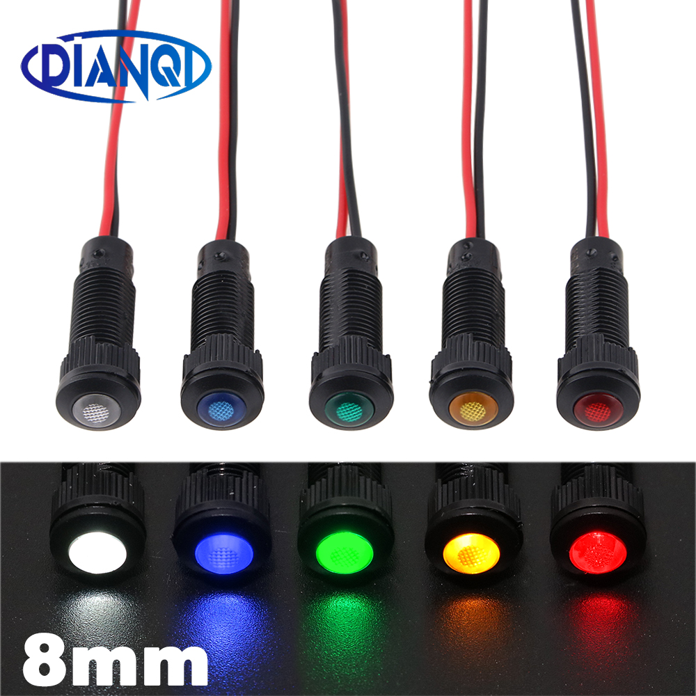 1 unidad de luz indicadora de plástico negro oxidado de 8mm Mini lámpara de señal piloto LED de advertencia 6V12V 24V 220V con cable rojo amarillo azul verde