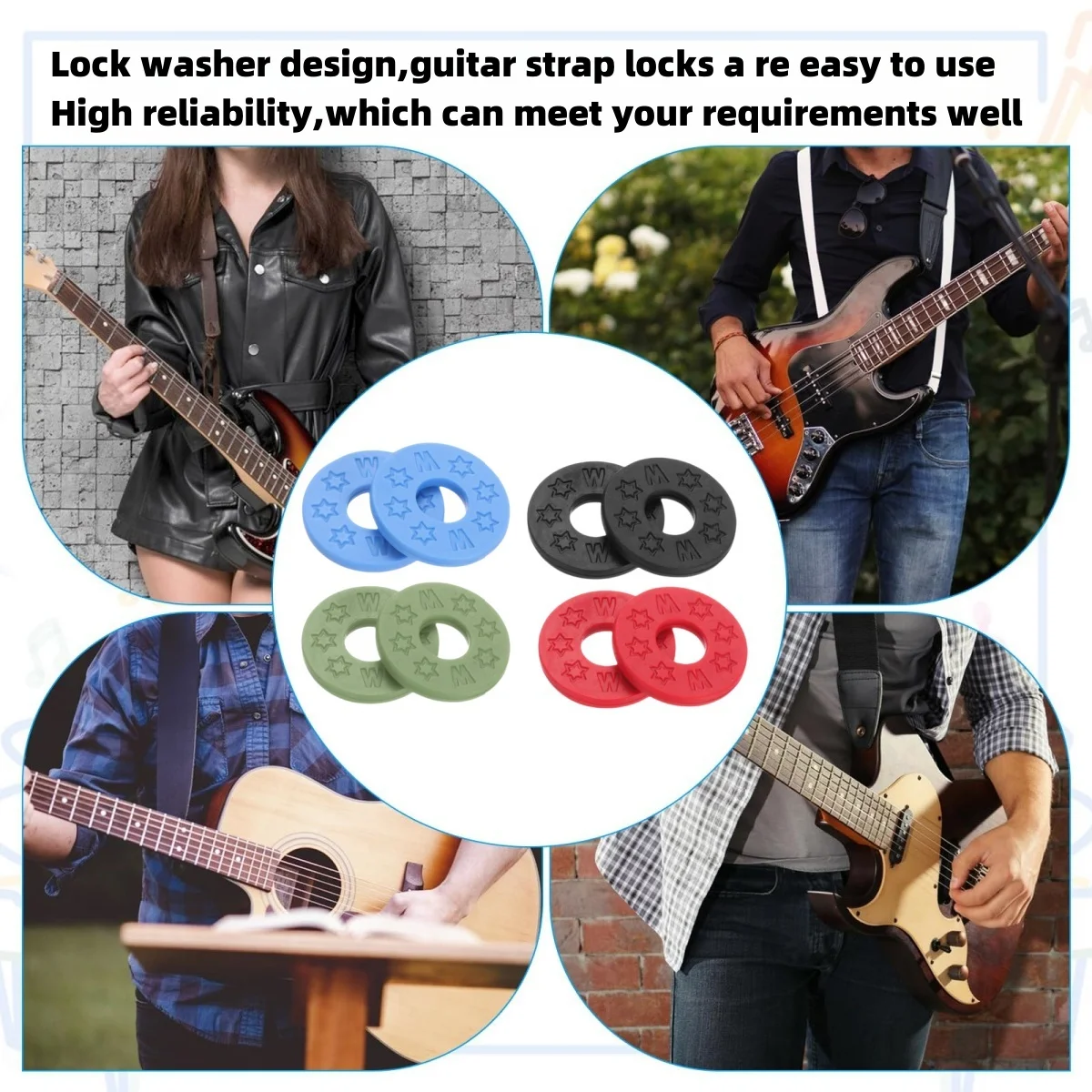 Miwayer 10 pezzi serrature per cinturino in gomma per chitarra cuscinetti antiscivolo in PE/serrature per tracolla per chitarra sicure e sicure compatibili con protezione per chitarra