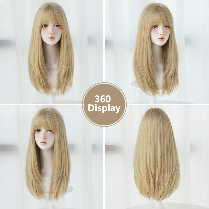 ตรงวิกผมสีบลอนด์กับ Neat Bangs ความหนาแน่นสูงสังเคราะห์ธรรมชาติวิกผมปลอมสําหรับผู้หญิง Daily COSPLAY PARTY Wigs