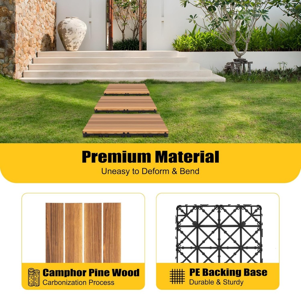 36 Pack Hardwood Interlocking Patio Deck Tiles 12" x 12" x 1" Waterproof Outdoor Indoor Brown Interlocking Deck Tile Patio Tiles