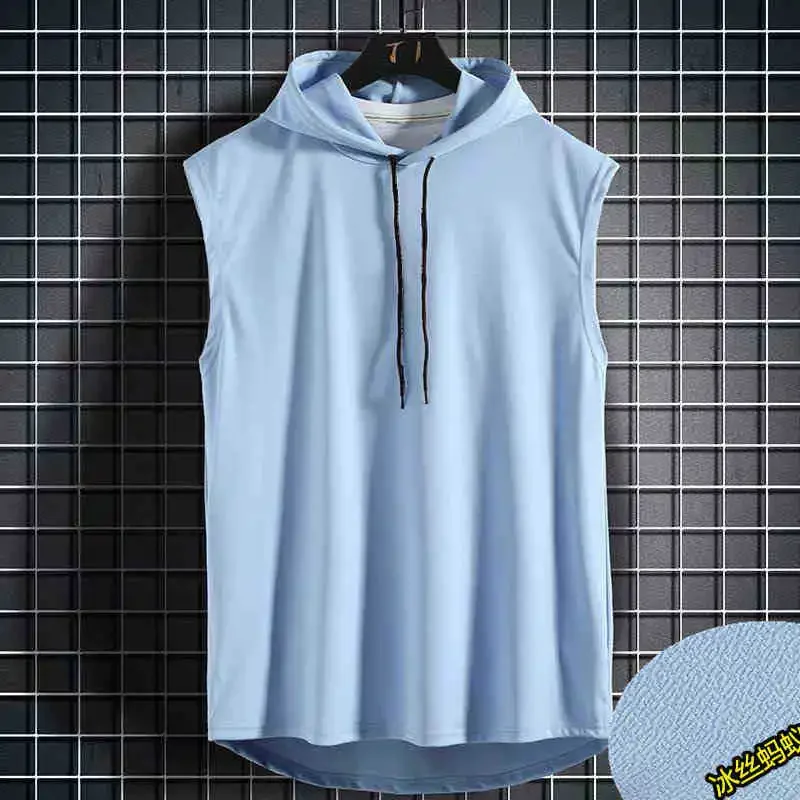男性ネクタイ襟フード付きノースリーブベスト男性夏ルーズ固体ヒップホップ Tシャツトップス
