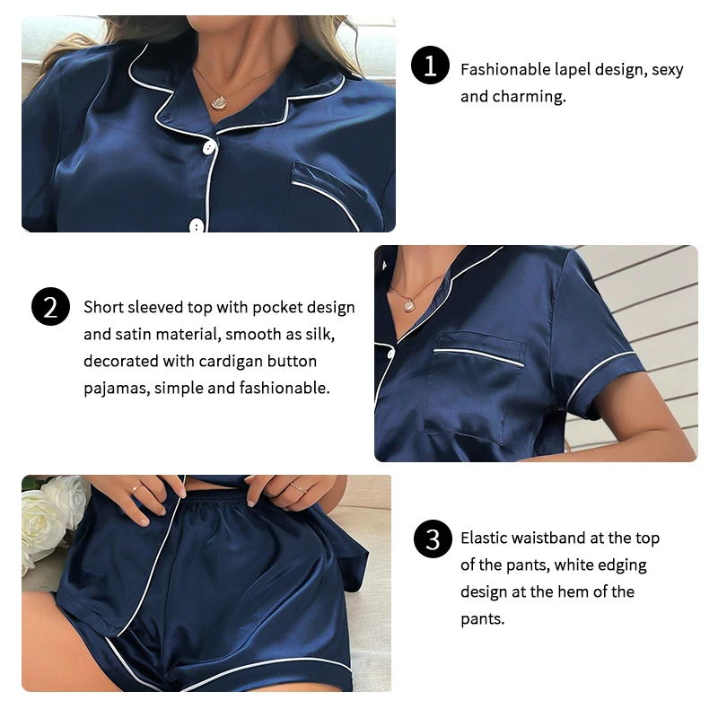 Conjunto de pijama cetim de seda feminino, blusa e shorts com botão baixo, pijamas com colarinho entalhado, loungewear, pijamas de verão, 2 peças