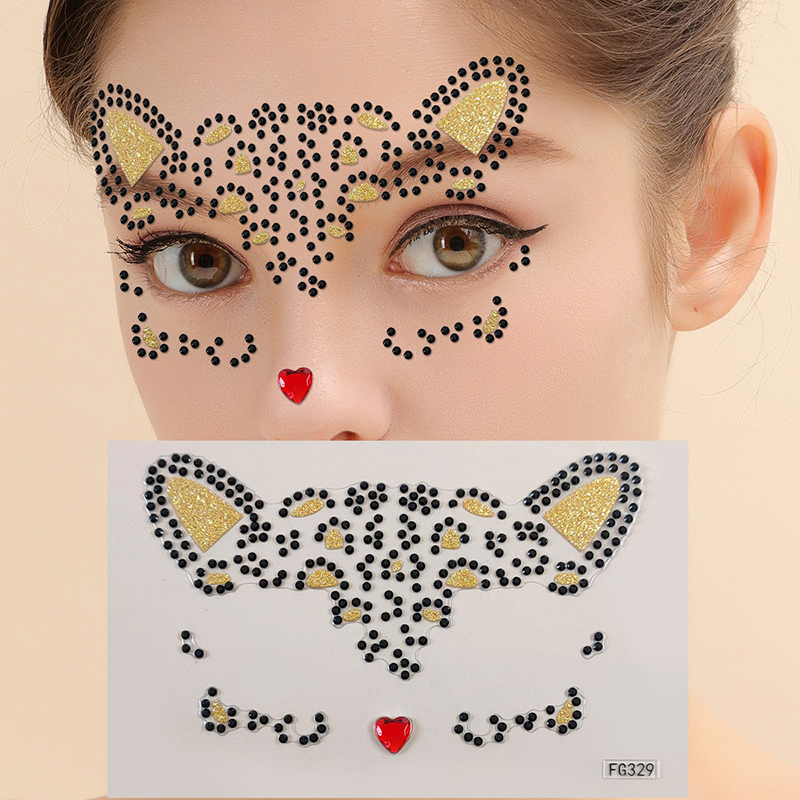 Cute Cat 3D Acrylic Rhinestone Face Sticker Masquerade Party Face Makeup Decoration Temporary Tattoo Face Painting Decals