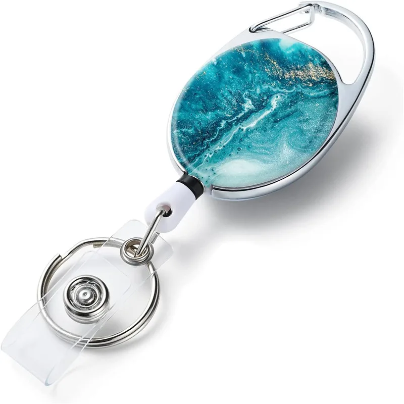 1pc 大理石オーバル簡単プルバッジリールキーホルダー卵型 Portacredencial ナースバッジホルダー格納式バッジクリップ