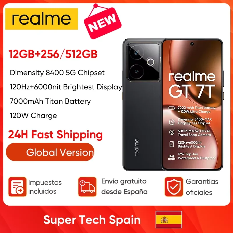 realme GT 7T Smartphone 5G 2025 Neues Mediatek 8400-Max 7000 mAh Titan-Akku 120 W Ultra Charge 6,8 Zoll 120 Hz Display Globale Version