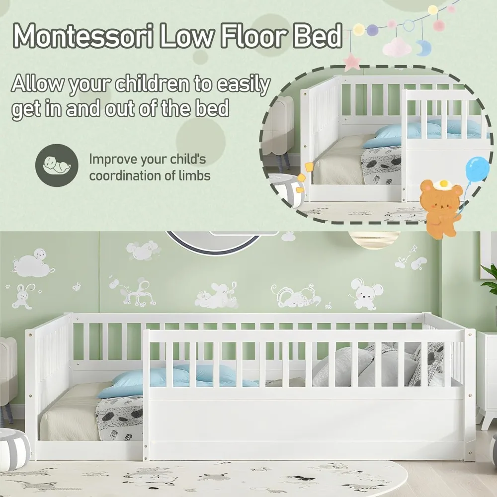 Full Size Floor Bed Frame with 19.6" High Fence, Solid Wood Low Platform Floor Bed Full for Kids, No Box Spring Needed