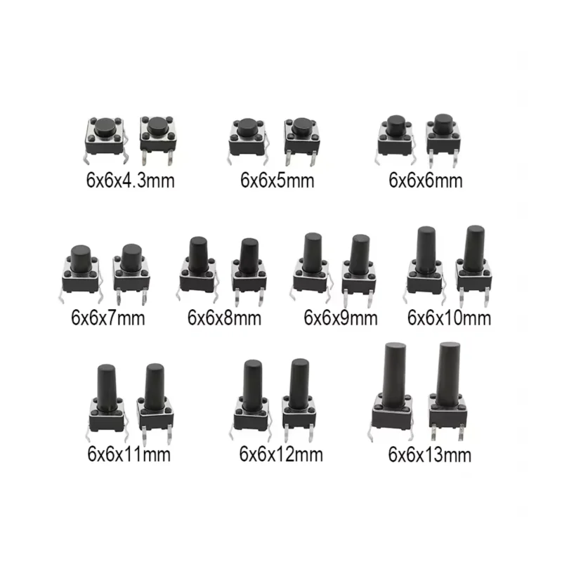 20 piezas Mini interruptores de botón 6x6, interruptores táctiles DIP 6X6X4,3 6*6*4,3 /5/6/7/8/9/10/11/12/13/14/15mm, interruptor de alimentación de 4 pines