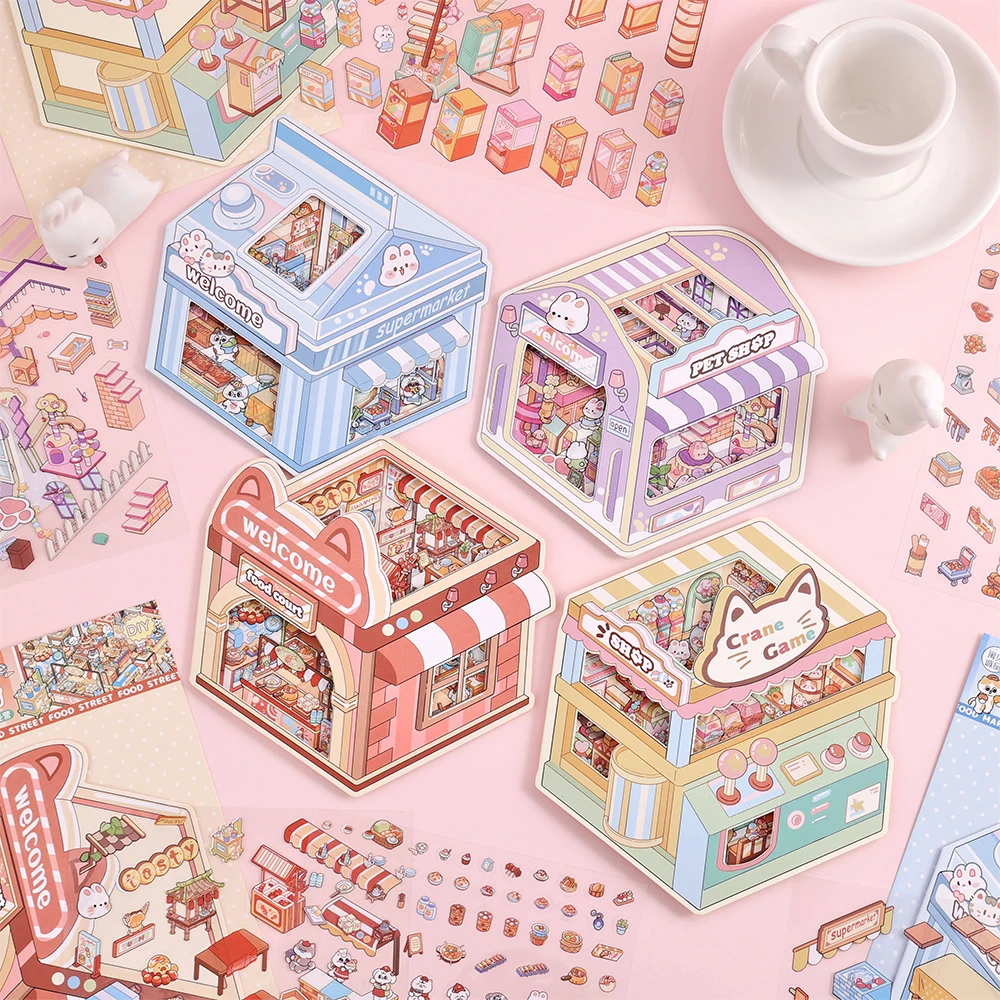 4 pacote/conjunto microscópico 3d casa adesivos coleção decalques adesivos pet à prova dwaterproof água ideal para criativo diário scrapbooking