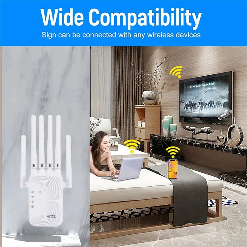 Repetidor de doble banda 2,4G/5GWiFi, extensor de rango de señal inalámbrico de 1200Mbps, amplificador Wi-Fi, enrutador, amplificador de señal de largo alcance para el hogar