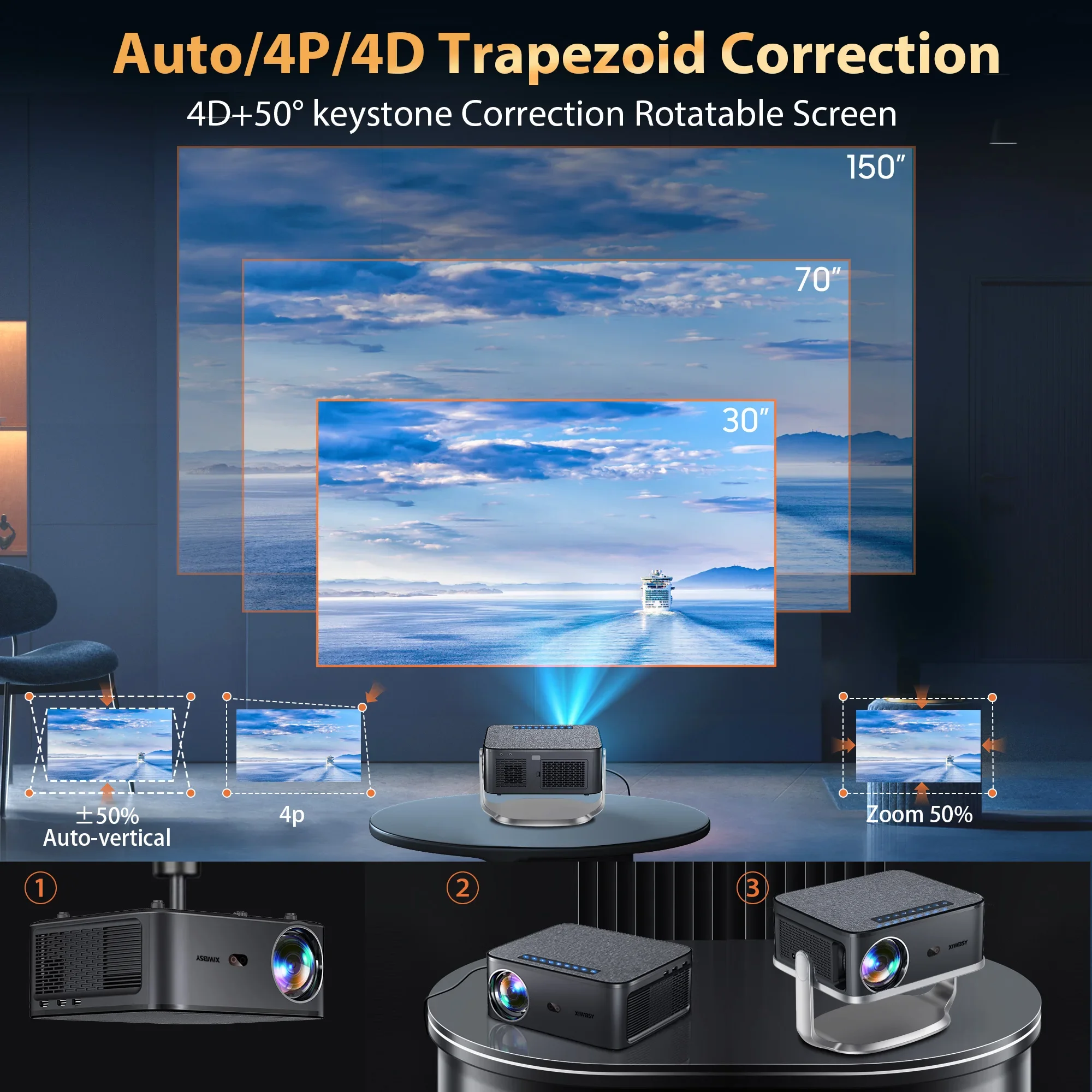 XIWBSY-proyector Android 12, 35000 lúmenes, Bluetooth 5,2, enfoque automático, LED inteligente, 4K, portátil, 3D, cine en casa, IPTV