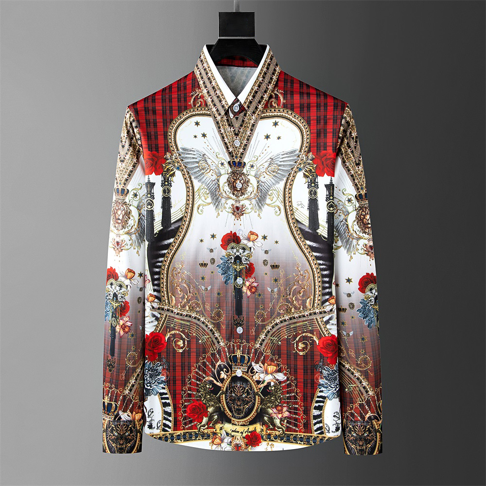 Camisa con estampado Retro de lujo para hombre, camisa Social informal con corona de diamantes, camisa de vestir de fiesta de negocios ajustada de manga larga, XS-6XL