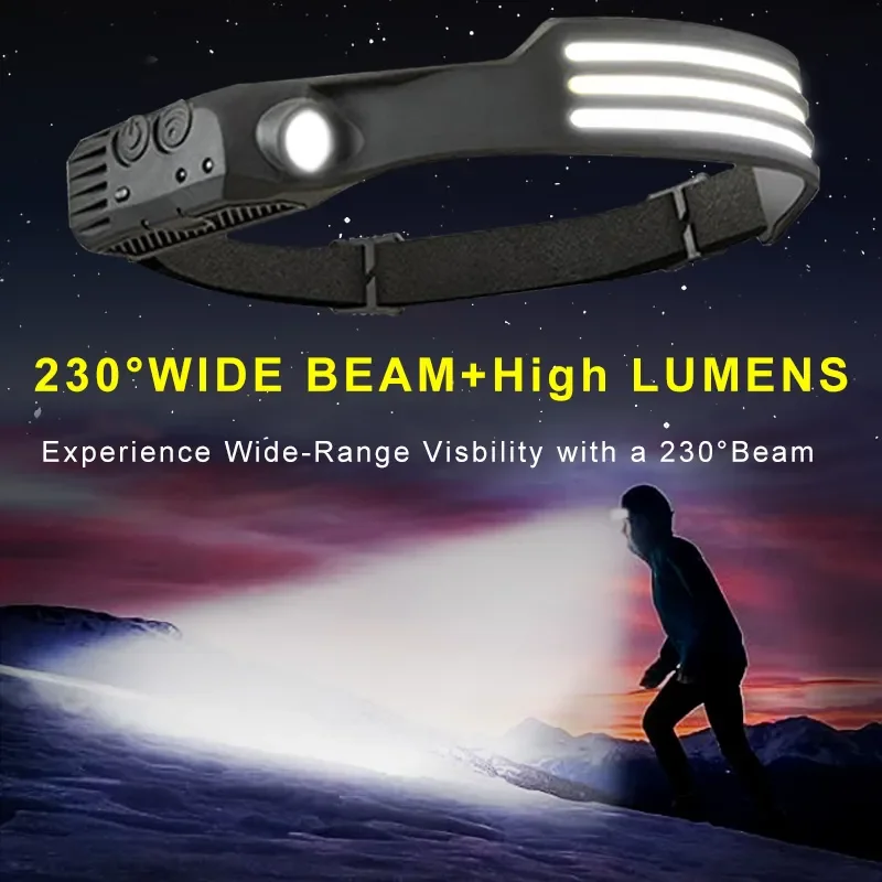 USB wiederaufladbare Stirnlampe, Induktionsscheinwerfer, COB-LED-Sensor, Stirnlampe, eingebauter Akku, Taschenlampe, 5 Beleuchtungsmodi, Scheinwerfer