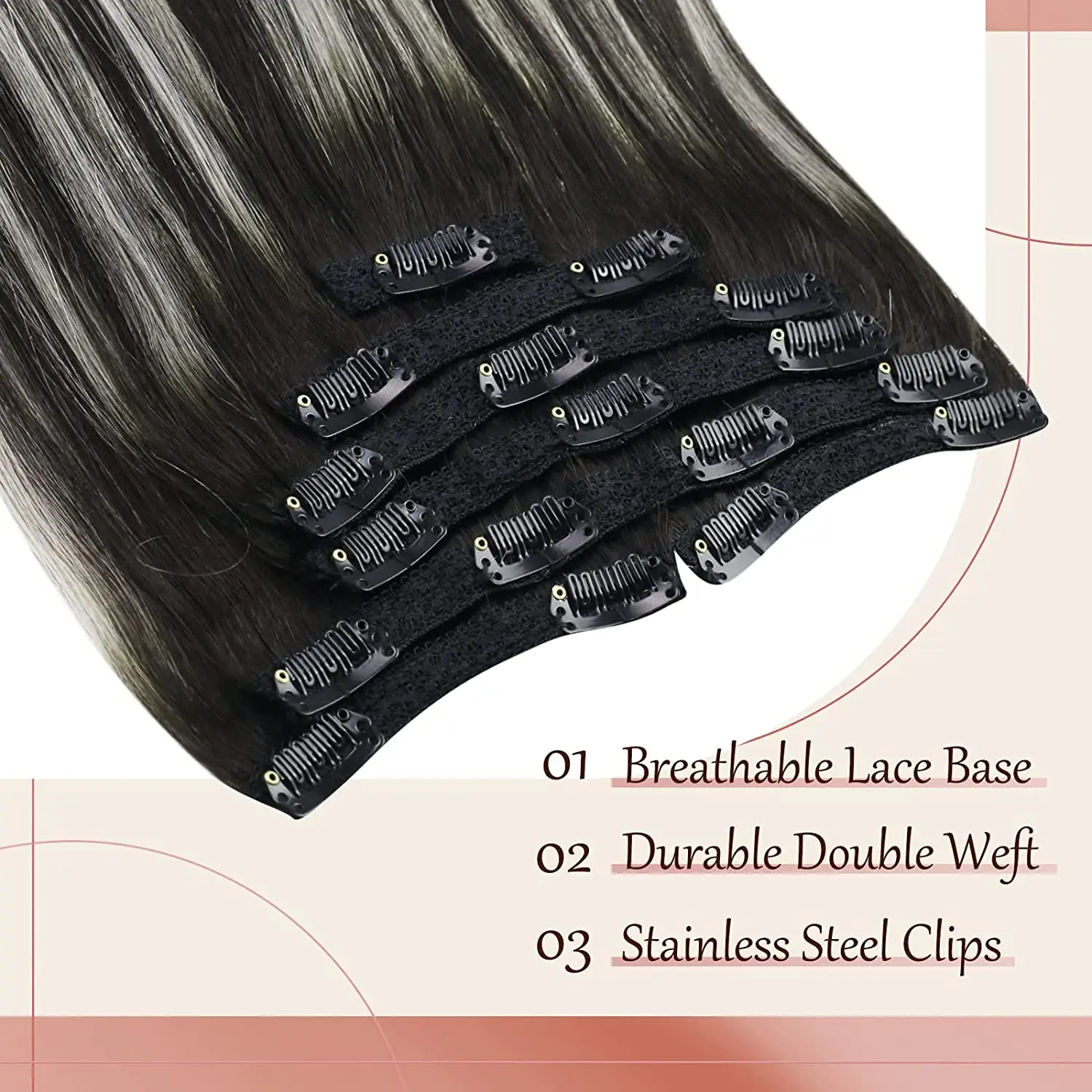 Toàn Phần Sáng Bóng Kẹp Trong Tóc Đen Balayage Bạc 18Inch 7 Chiếc Thực Tóc Tự Nhiên Đôi Sợi Ngang thẳng 120G