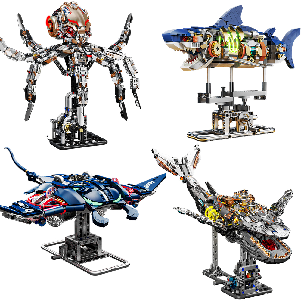 Mechanical Sea Animal Building Blocks Shark Octopus Whale Manta Ray Model With Light Creative MOC Bricks STEM Gift Adults Kids