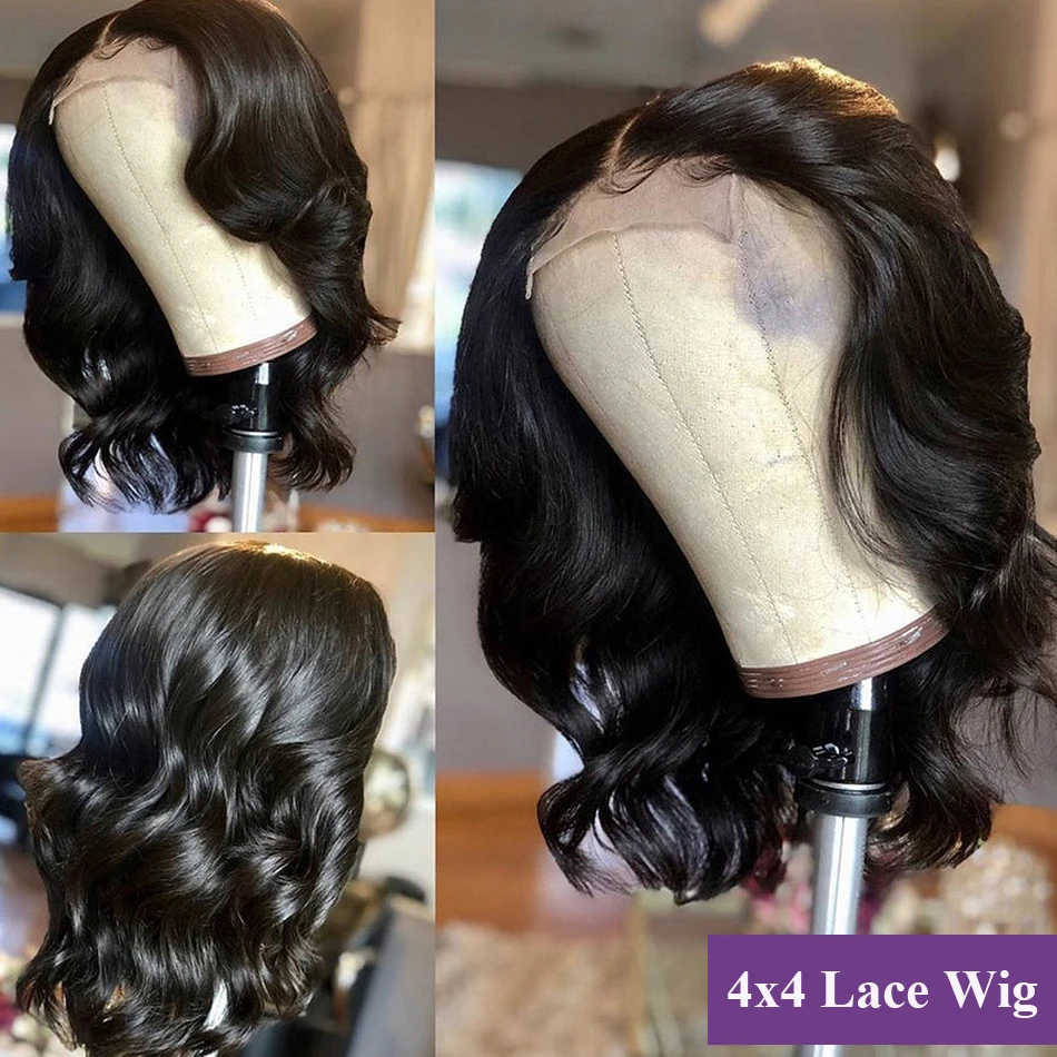 Peluca Bob con cierre de encaje 4x4 de onda suelta, pelucas de cabello humano Bob corto ondulado de 180 de densidad prearrancada, peluca con cierre Frontal de malla 4x4