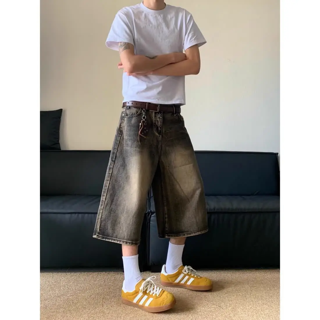 American Retro kurz geschnittene Männer weites Bein Jeans y2k Gothic gewaschen lose gerade lässige Paar Shorts Jogging hose