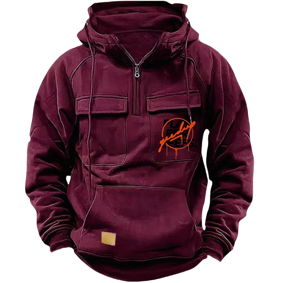 Moletom com capuz tático com meio zíper masculino, moletom estilo workwear de lã quente de cor sólida, jaqueta com capuz com vários bolsos masculinos