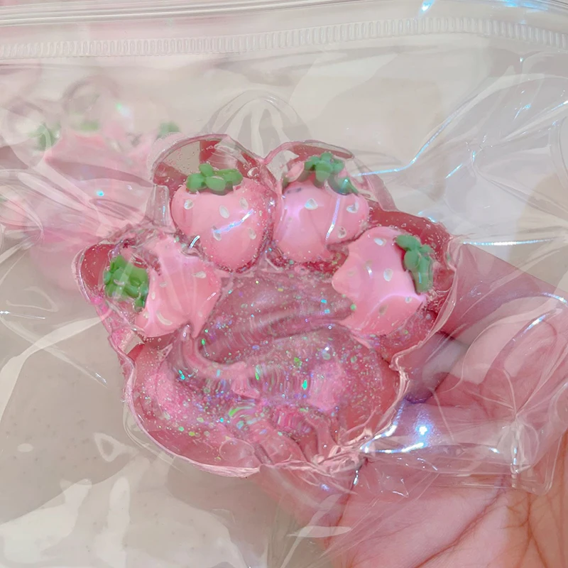 Fidget Toy Kawaii Transparent Strawberry Cat Paw Squeeze Toys Creative Slow Rebound Decompression Venting Rebound Toys For Kids