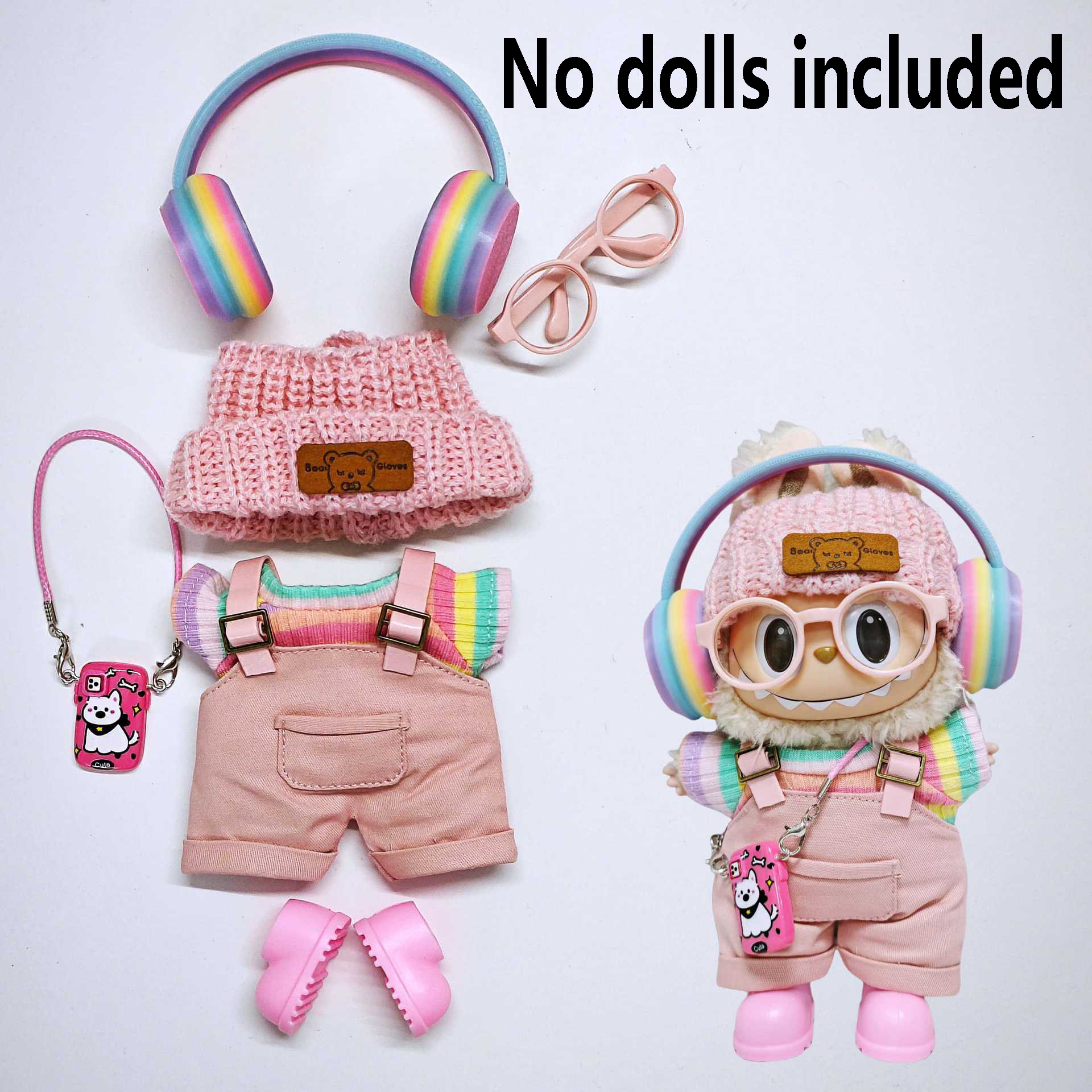 Para roupas de bebê Labubu 15cm - 17cm, feitas de tecido Labubu, macacão rosa, emparelhado com roupas de bebê