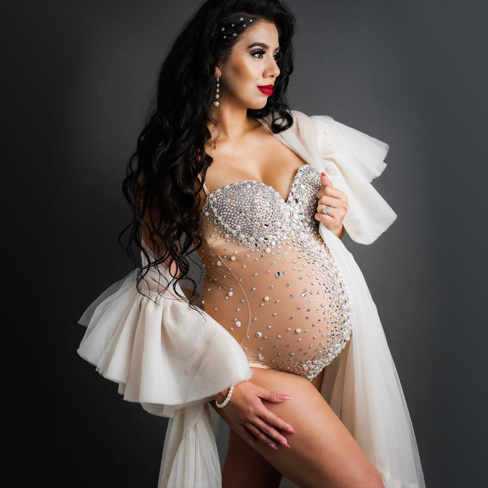 Luxueux cristal maternité photographie body extensible perle strass maternité Photo Shoot body combinaisons