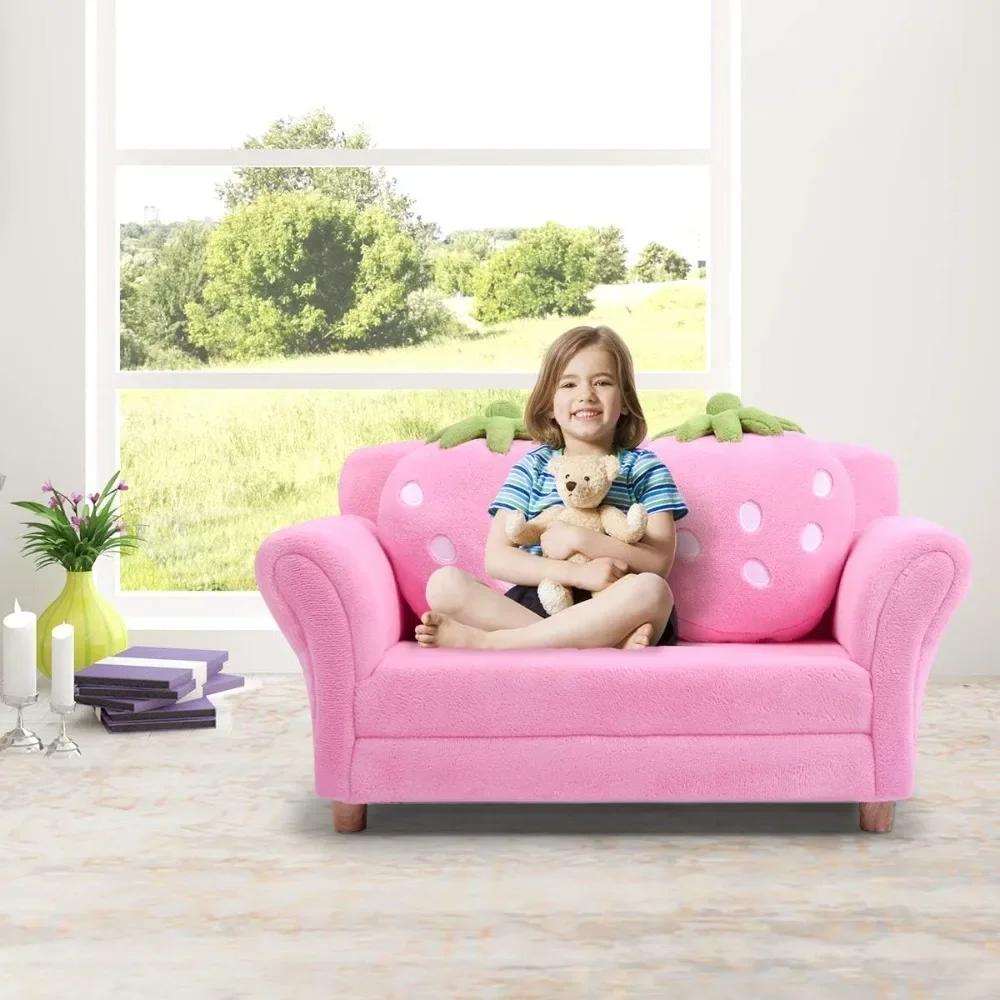 % um sofá infantil, cadeira estofada para crianças com encosto ergonômico e 2 travesseiros de morango, poltrona de assento duplo para crianças