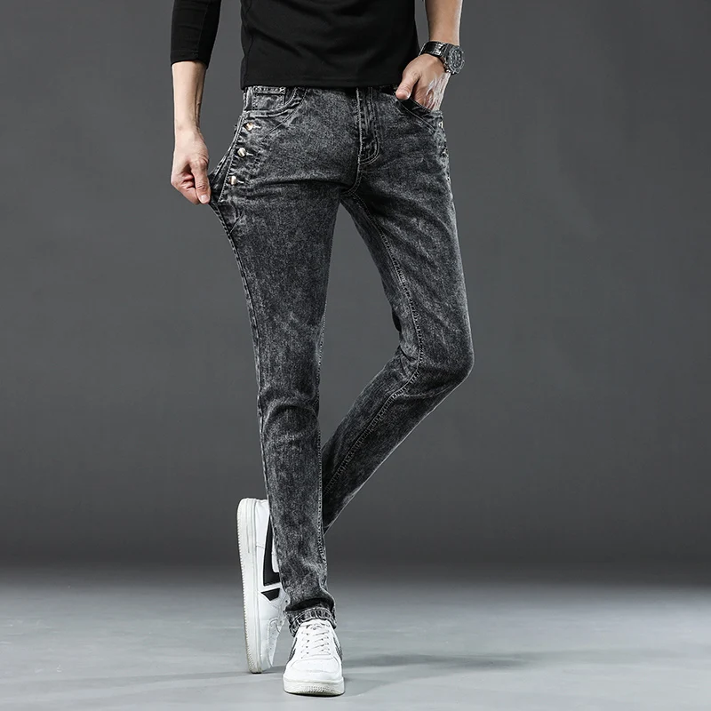 Pantalones vaqueros clásicos ajustados Vintage a la moda para hombre, pantalones elásticos de moda coreana con lavado gris y copo de nieve, pantalones vaqueros con múltiples botones